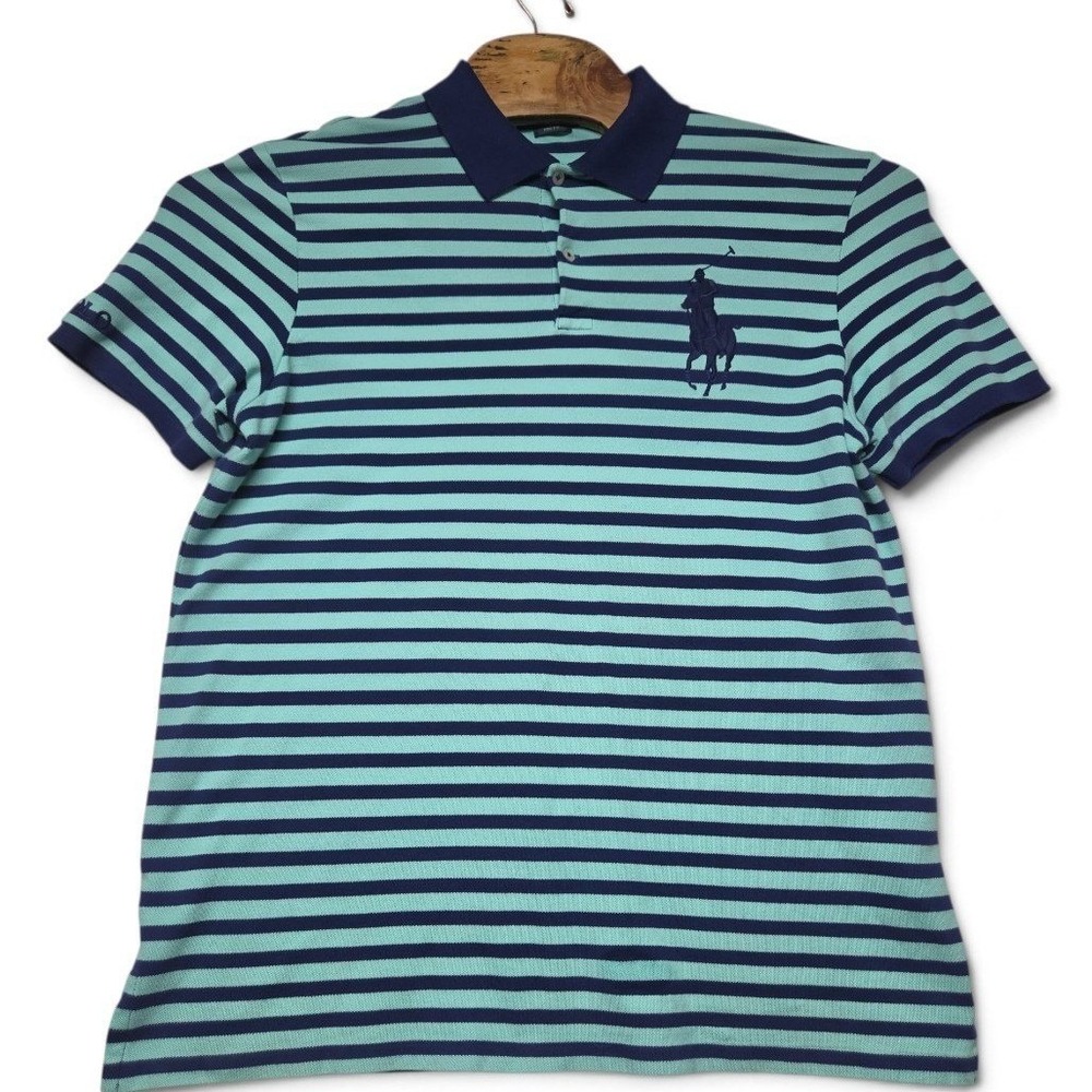Polo Ralph Lauren Mens Big Pony Striped Polo Shirt Mint Navy Blue Large L/G